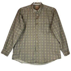 Woolrich Mens Outdoor Shirt Size XL Tan Cotton Fish Pattern Button Front Peru